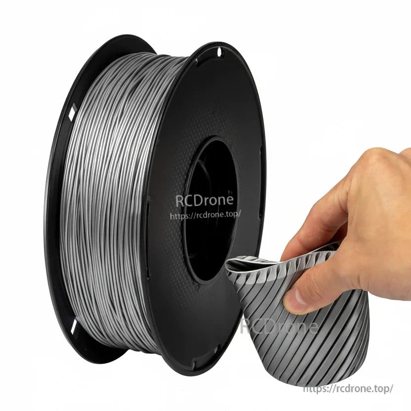 Silver-gray filament spool with hand holding flexible ribbed cup or sleeve print