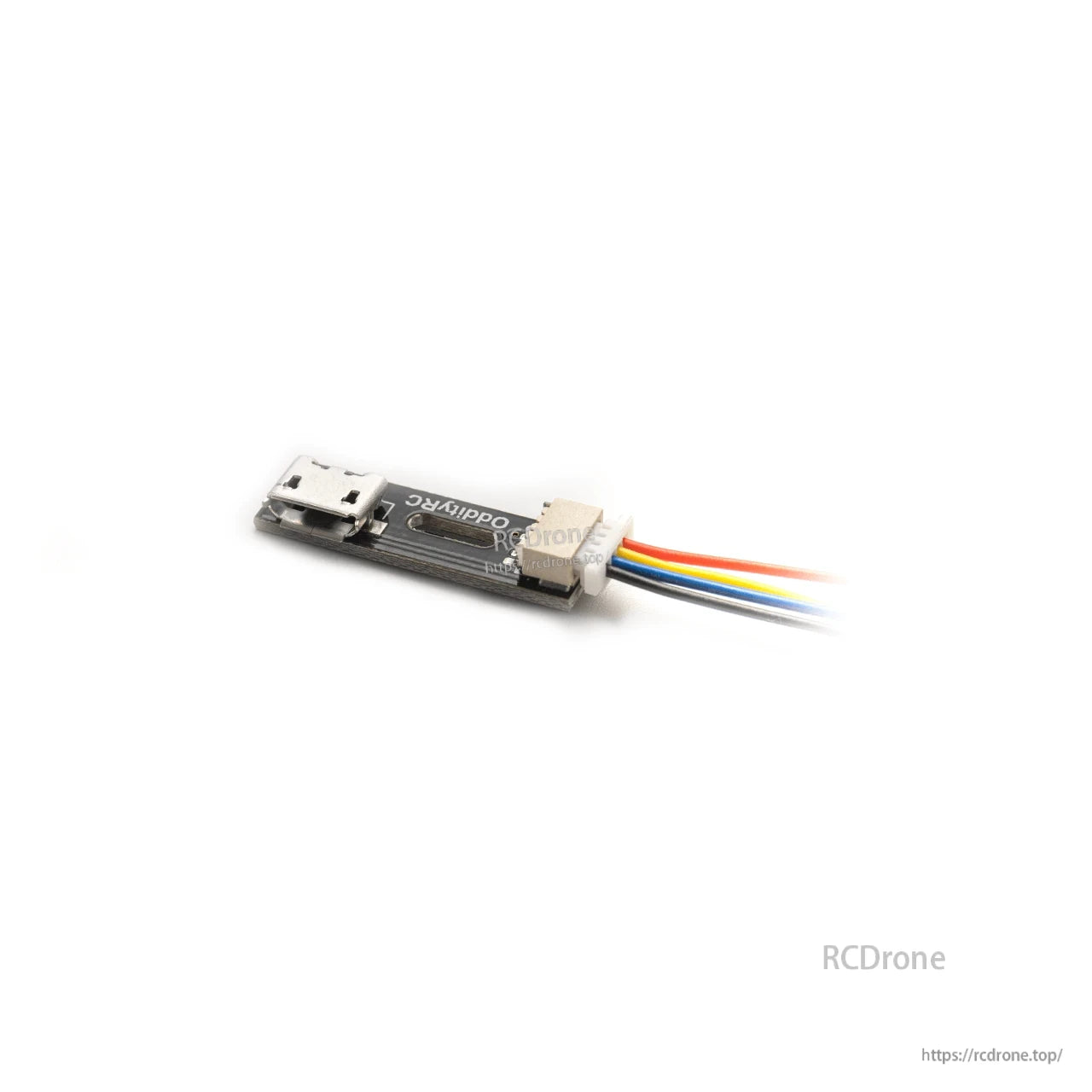 Close-up of the adapter board with Micro USB port and JST plug with colored wires