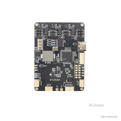 VESC control PCB view with microcontroller area, USB port, and signal pads along edges