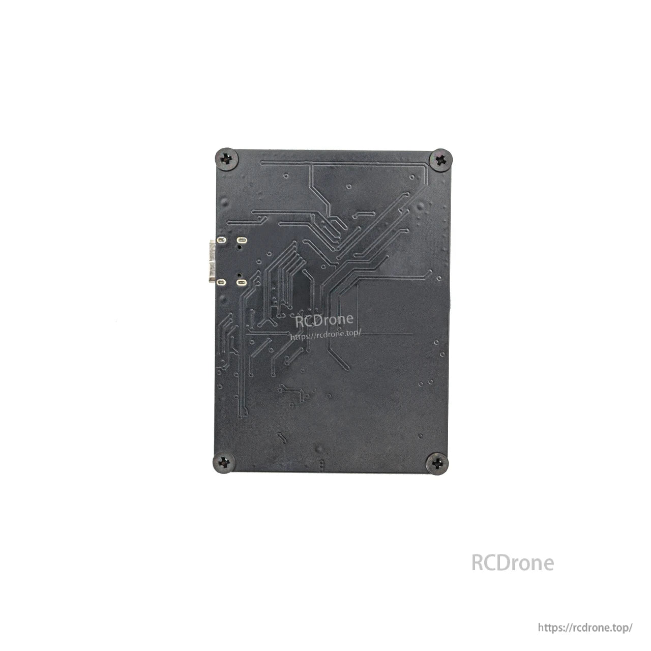 Top cover view of controller enclosure with circuit-trace pattern and four corner screws