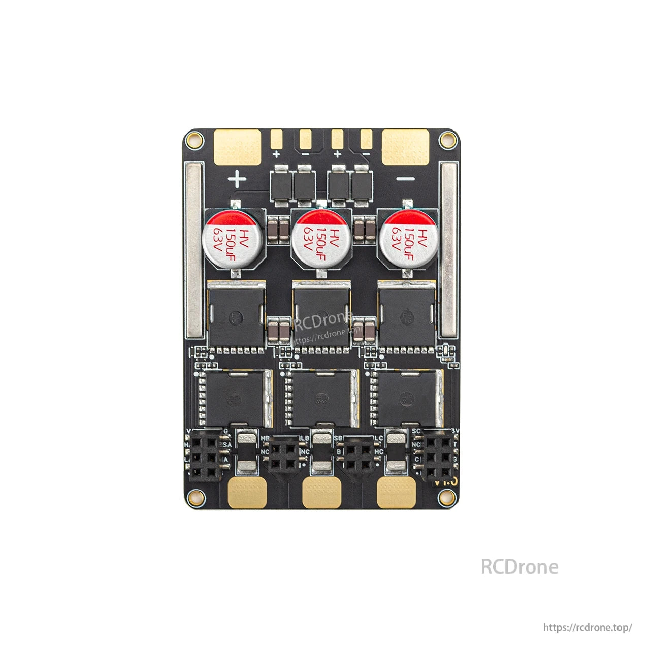 Component-side close-up showing three 63V capacitors, MOSFET array, and power pads