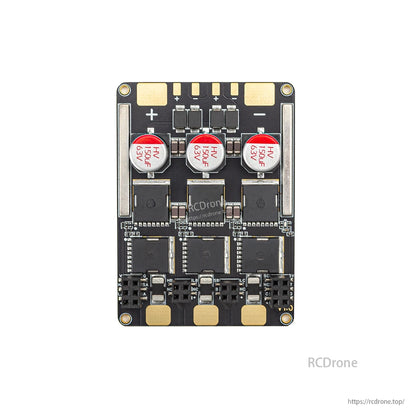 Component-side close-up showing three 63V capacitors, MOSFET array, and power pads