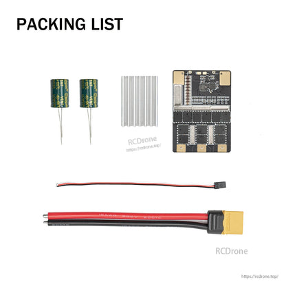 Packing list: ESC board, two capacitors, aluminum heatsink, signal lead, and battery lead with yellow connector