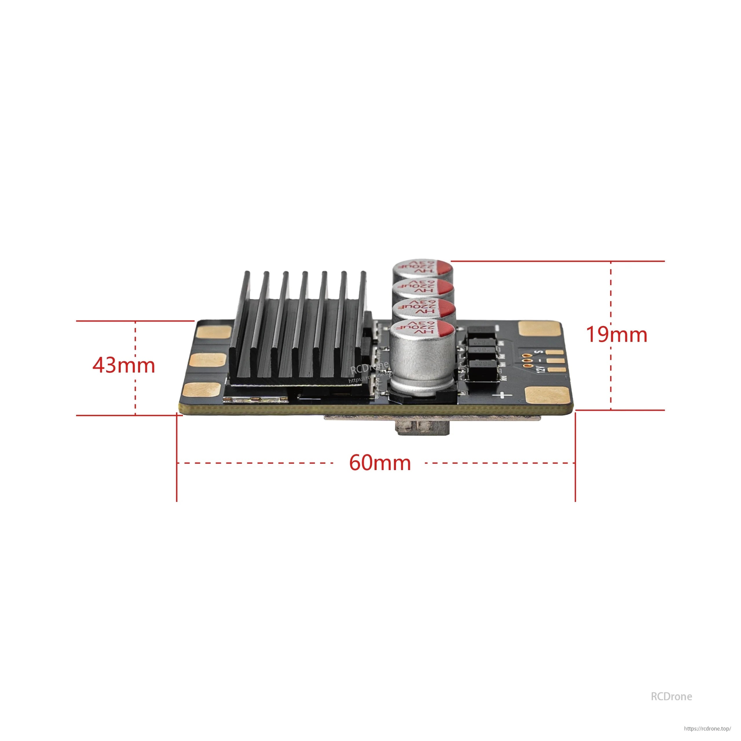 OddityRC Vortex F100HV 12S 100A ESC profile with dimensions marked: 60mm x 43mm x 19mm