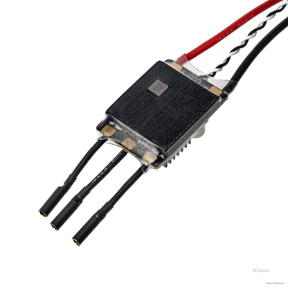 Rear side of shrink-wrapped ESC with three motor wire leads exiting the casing