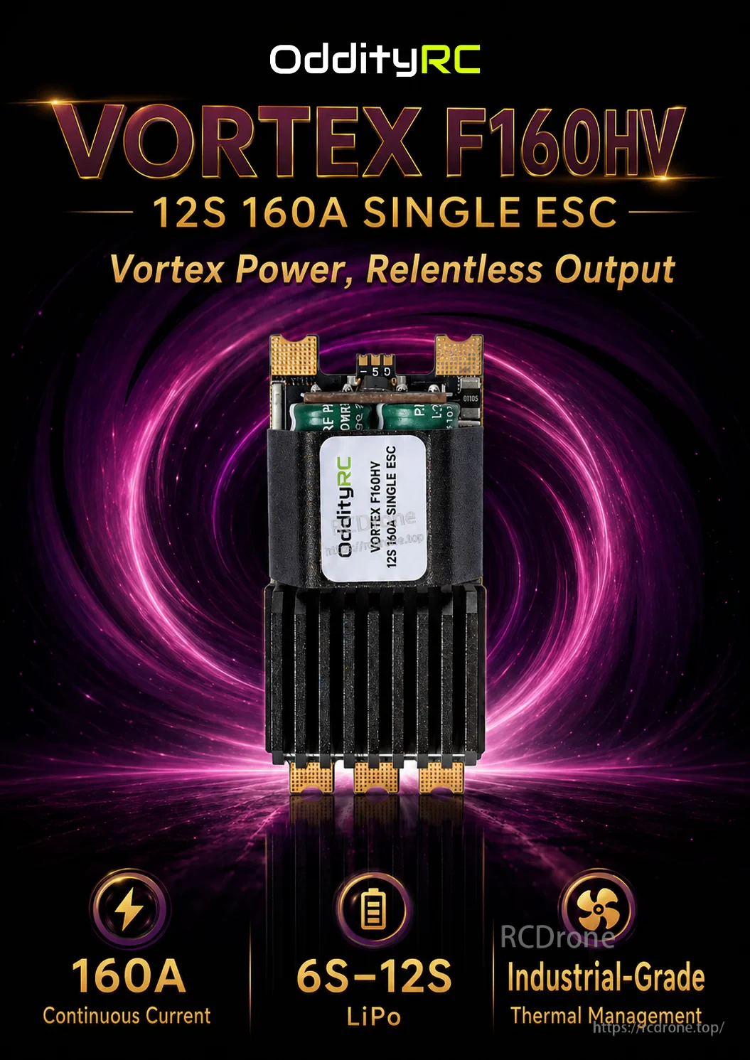 OddityRC Vortex F160HV single ESC front view with heatsink, 12S 160A rating highlighted