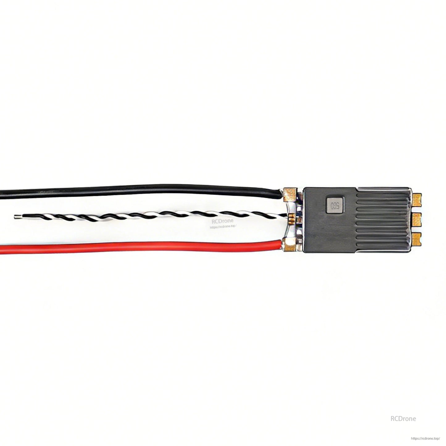 ESC installed with red and black power wires and twisted signal lead, top view