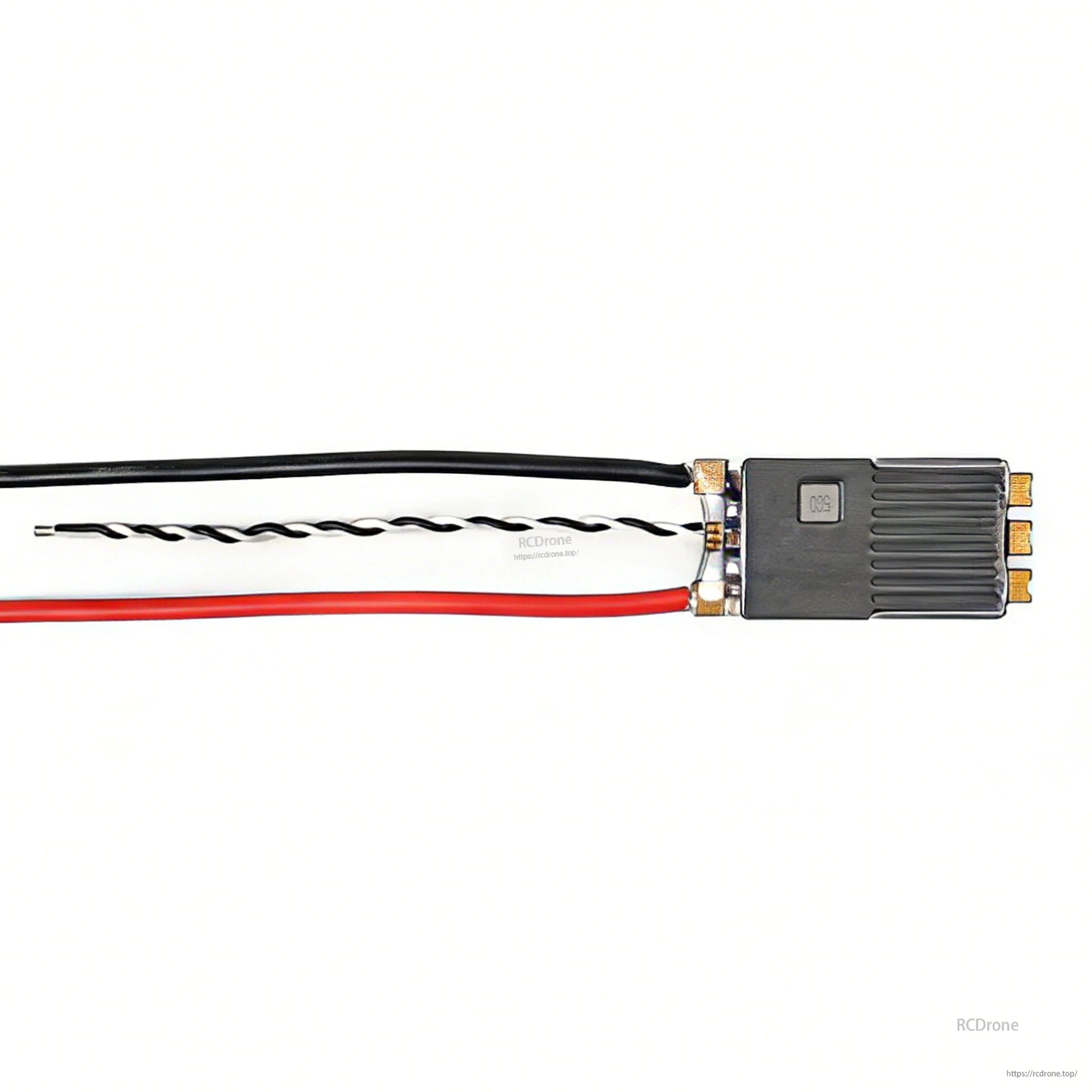 ESC installed with red and black power wires and twisted signal lead, top view