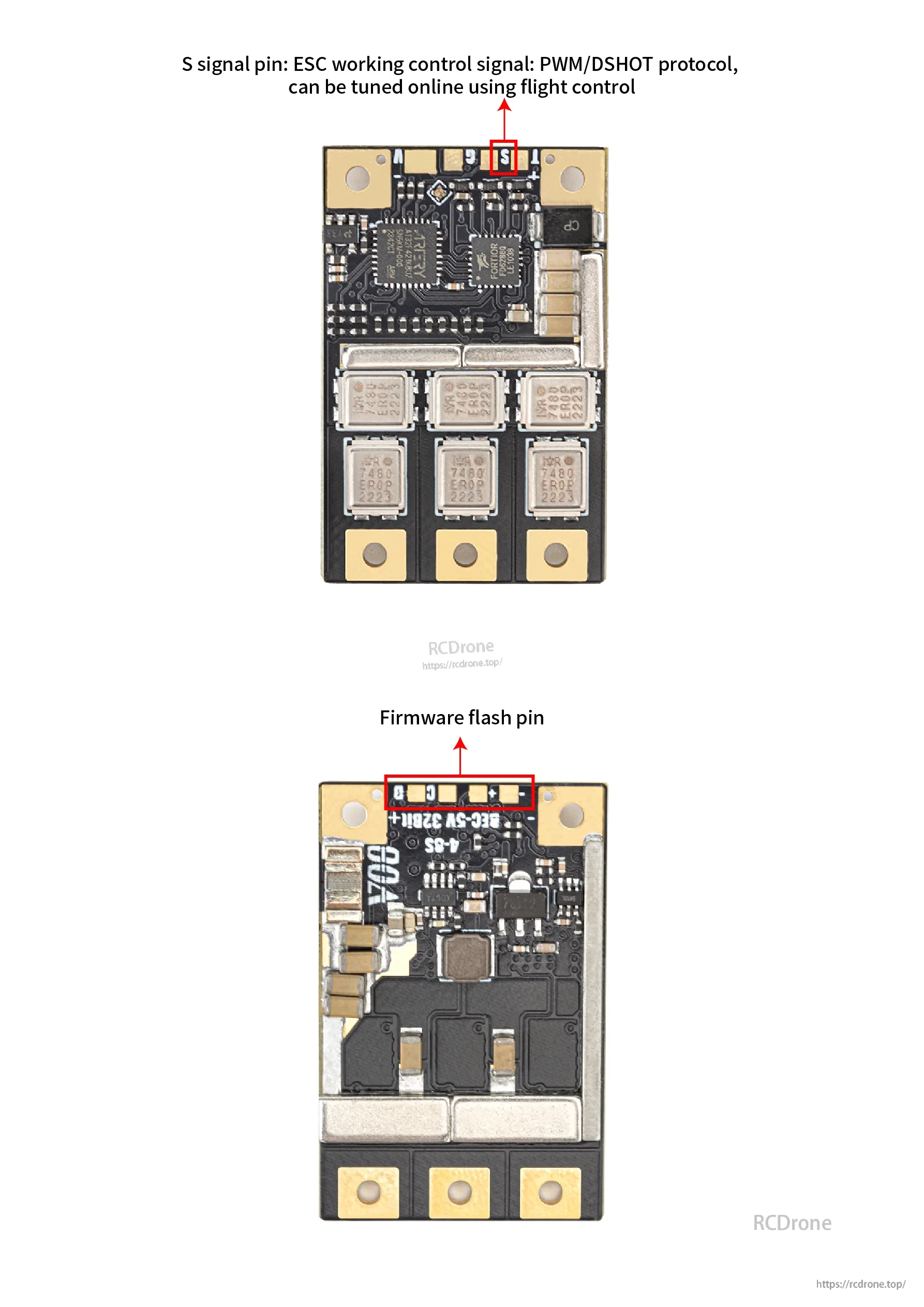 OddityRC Vortex F80 80A 3-8S single ESC board view highlighting S signal pad and firmware flash pins