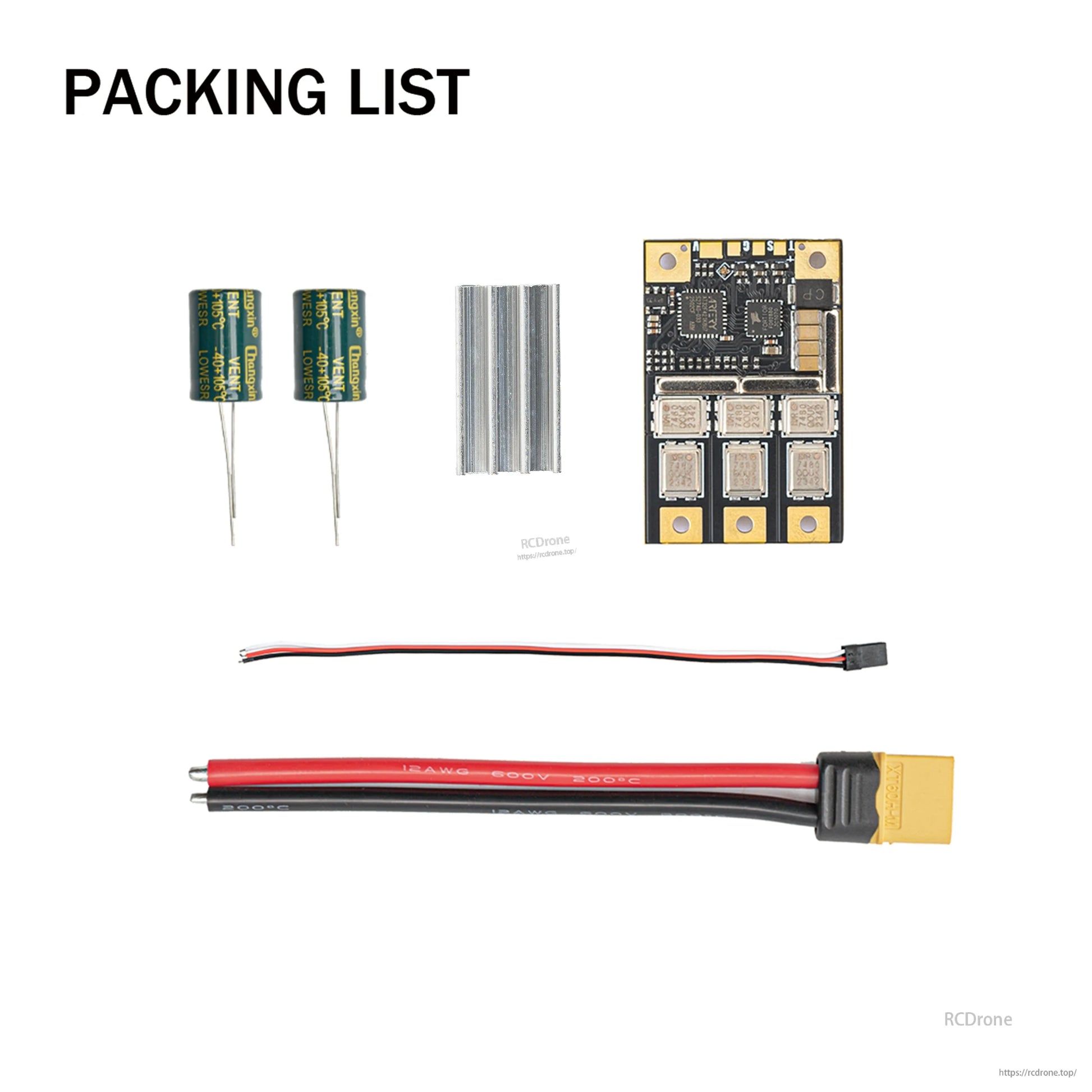 Packing list: ESC board, two capacitors, heat-shrink tubes, signal lead, and XT60 power lead