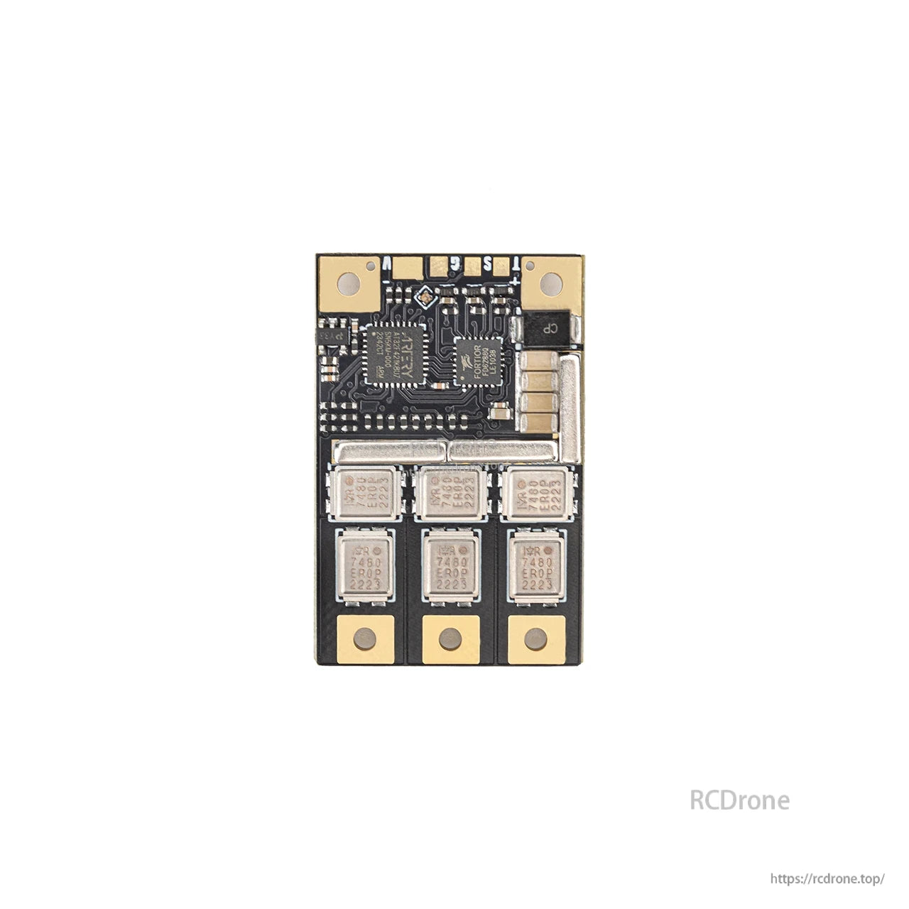 Top-down view of MOSFET side of ESC with large solder pads and mounting holes