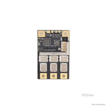 Top-down view of MOSFET side of ESC with large solder pads and mounting holes