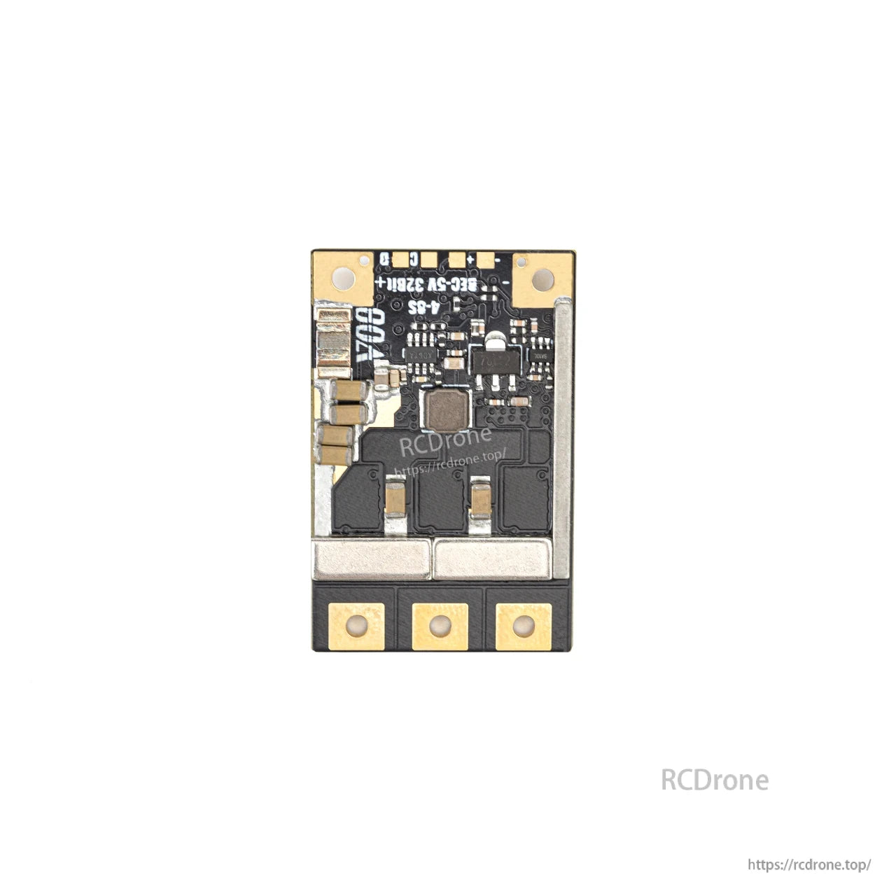 Top-down view of ESC board showing solder pads and component layout, RCDRone watermark