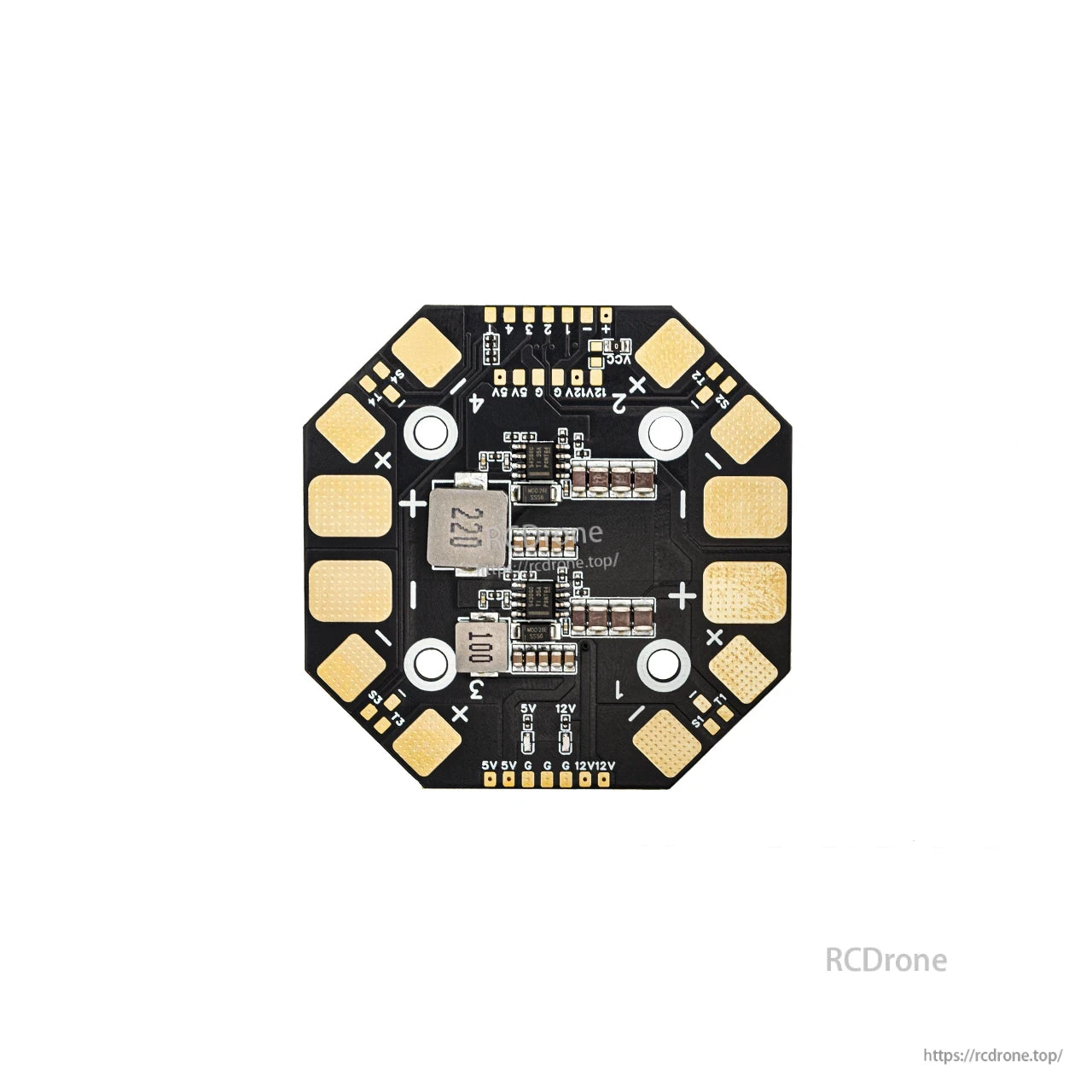 Octagonal power distribution/wiring board with + and − pads and mounting holes, top view