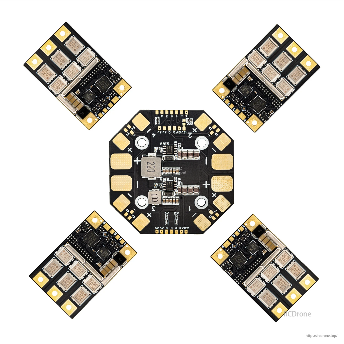 Quad setup layout showing four ESC boards around an octagonal power board, wiring concept image
