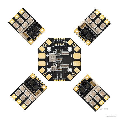 Quad setup layout showing four ESC boards around an octagonal power board, wiring concept image