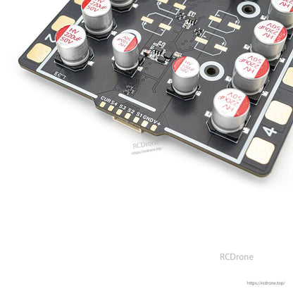 Close-up of ESC signal connector pads labeled CURR, S4, S3, S2, S1, GND, V+