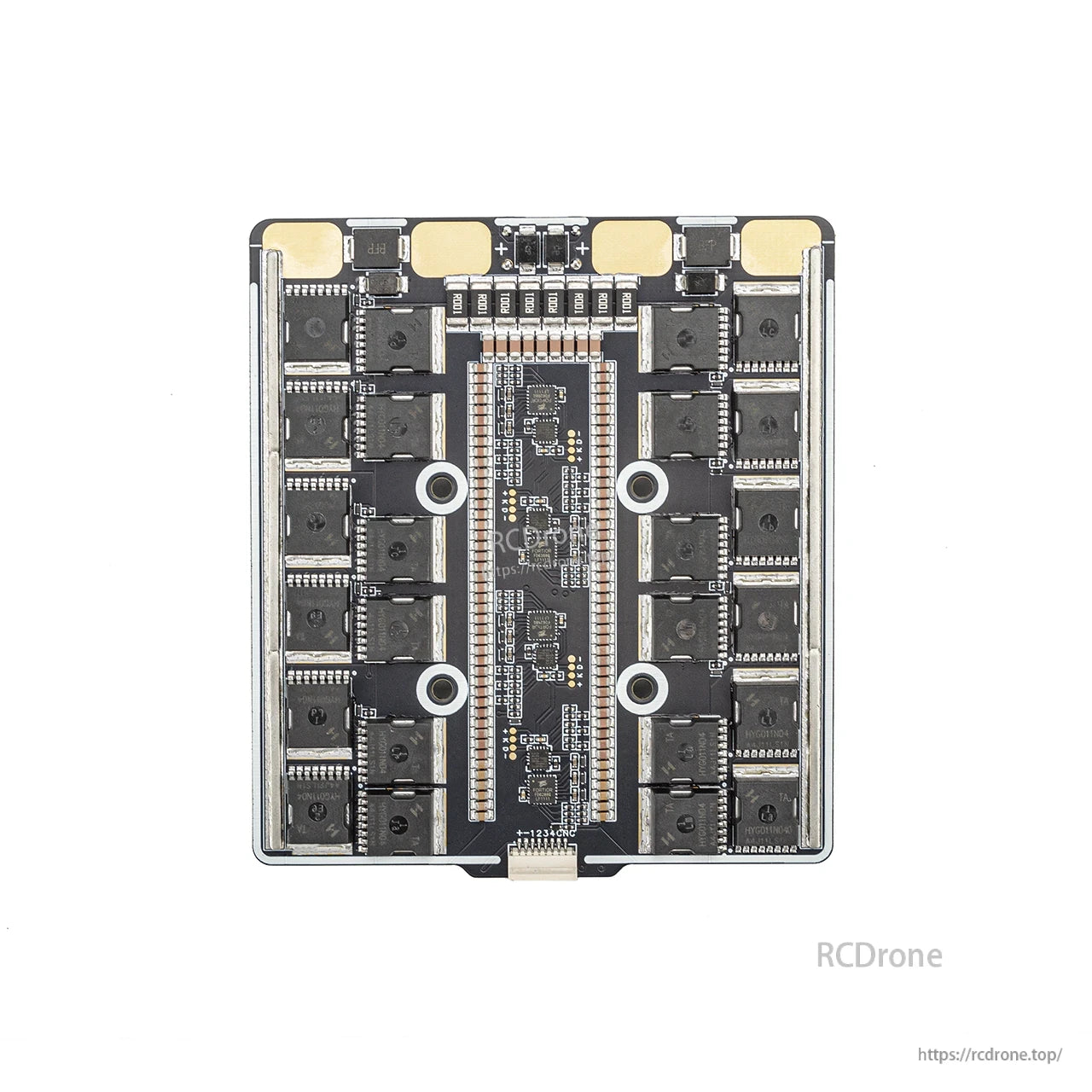 Bottom view of 4-in-1 ESC board showing MOSFET banks, center controller area, and mounting holes