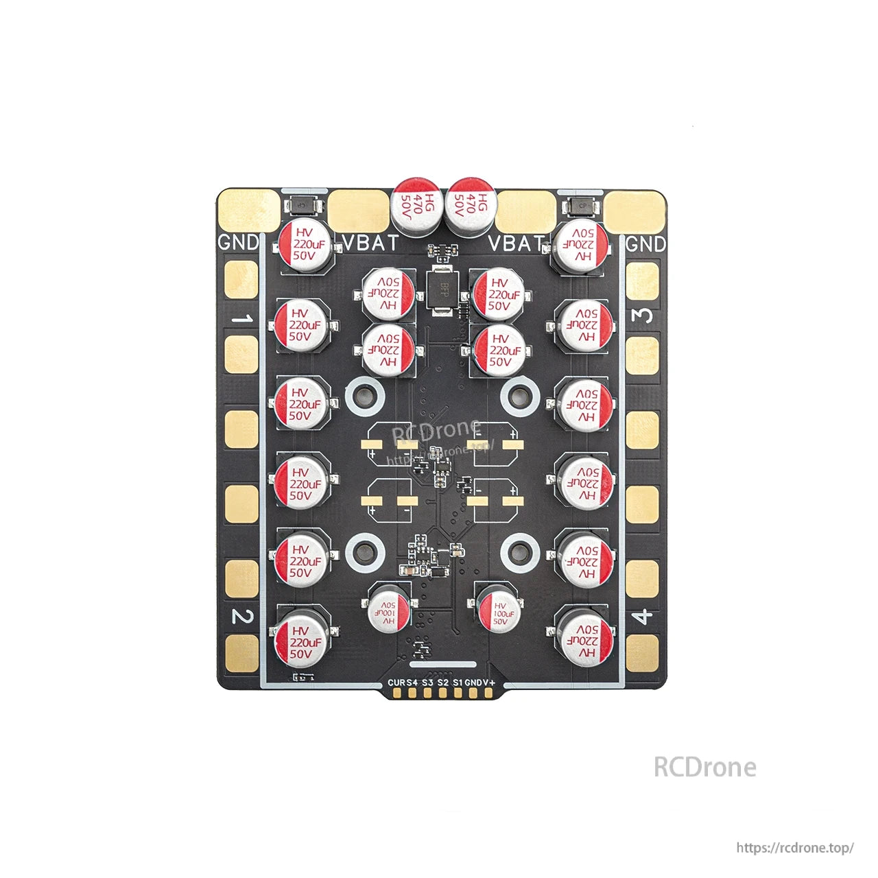 Top view of 4-in-1 ESC with motor pads 1-4, VBAT and GND labels, and capacitor array