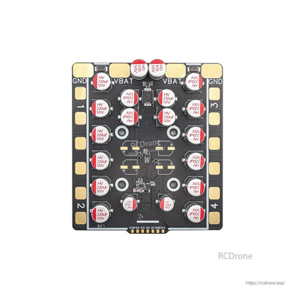 Top view of 4-in-1 ESC with motor pads 1-4, VBAT and GND labels, and capacitor array