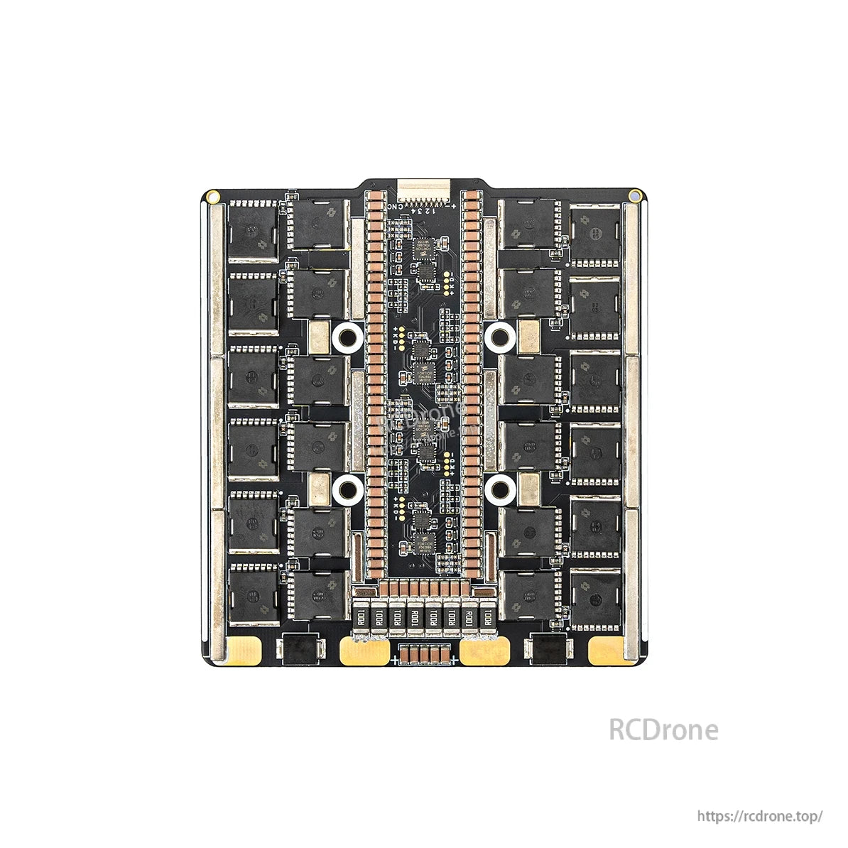 Underside of the 4-in-1 ESC showing MOSFET array and central signal/bridge section
