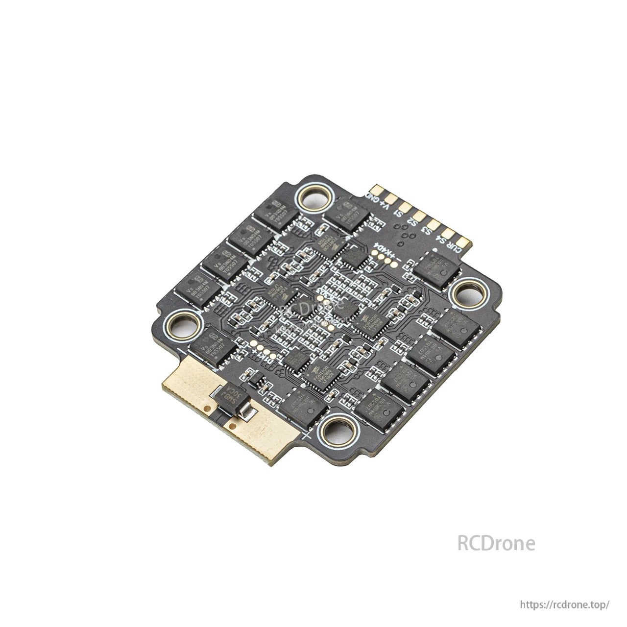 Angled view of ESC underside showing MOSFET layout, mounting holes, and battery pad end