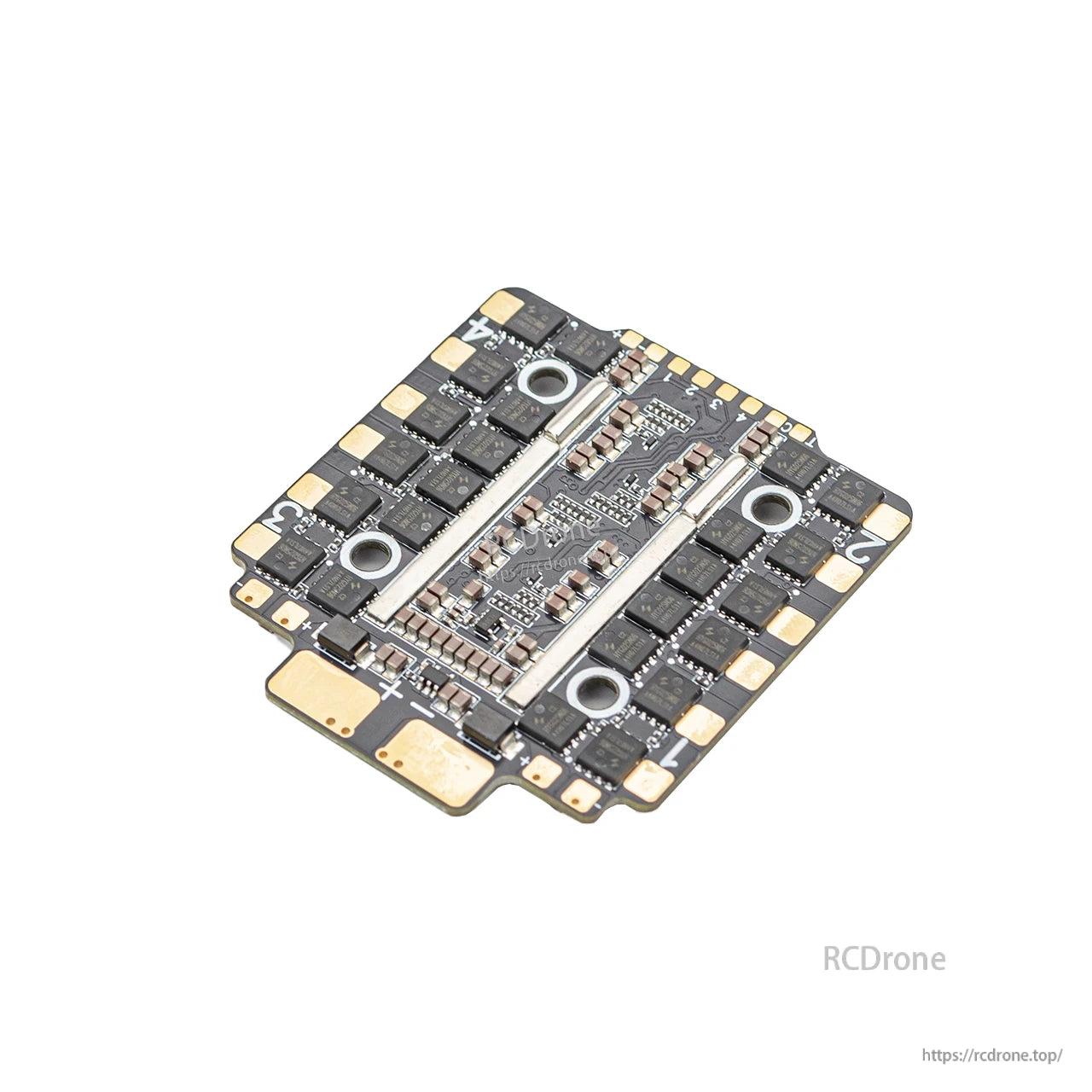 Angled top view of ESC board highlighting central power section and numbered motor pads