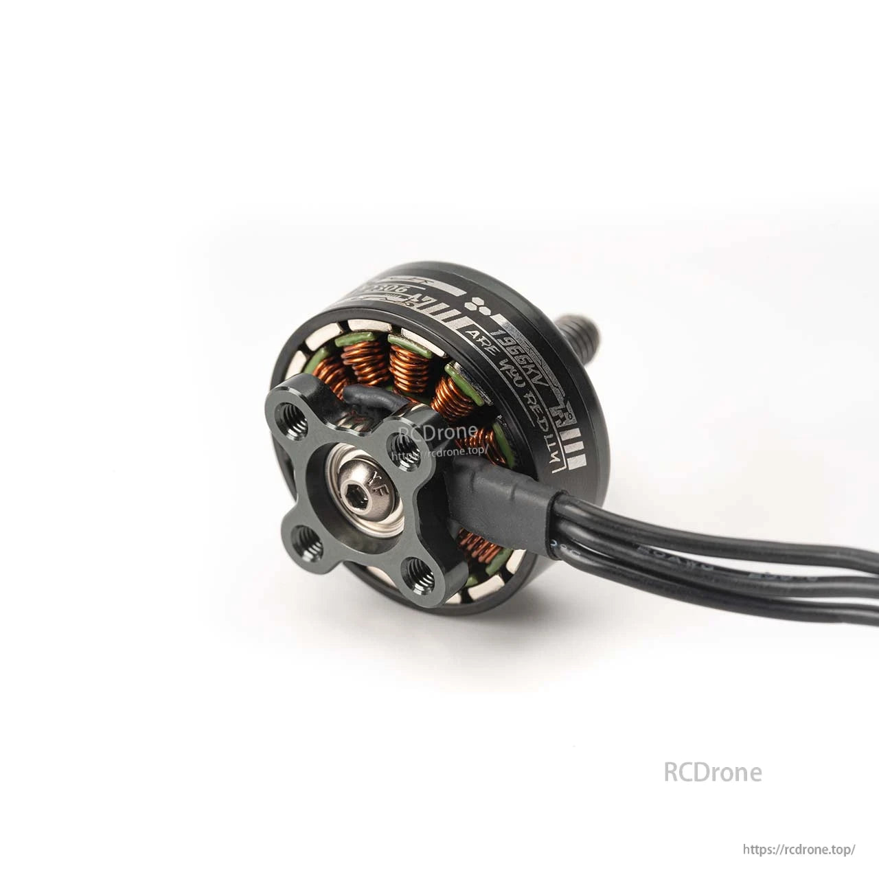 Bottom mounting base close-up with screw holes and wire lead, showing stator windings and printed can graphics