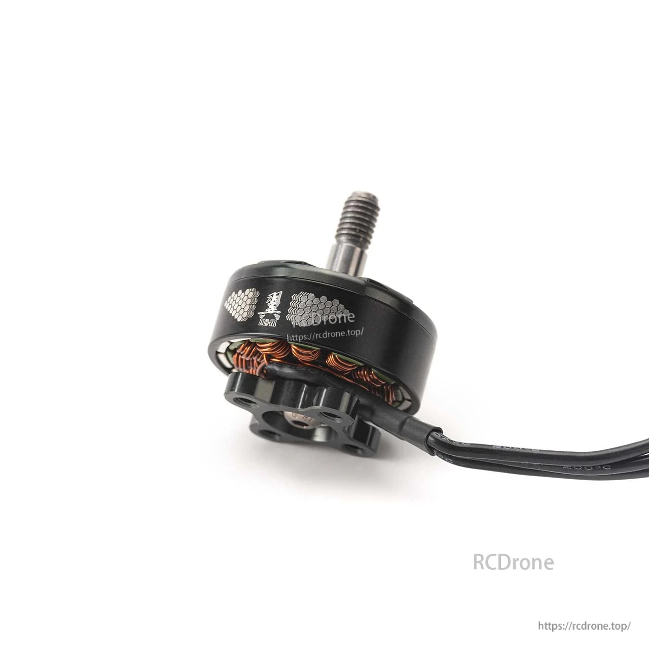 Side view of motor can with logo and solder pads, showing copper windings and attached power lead wires