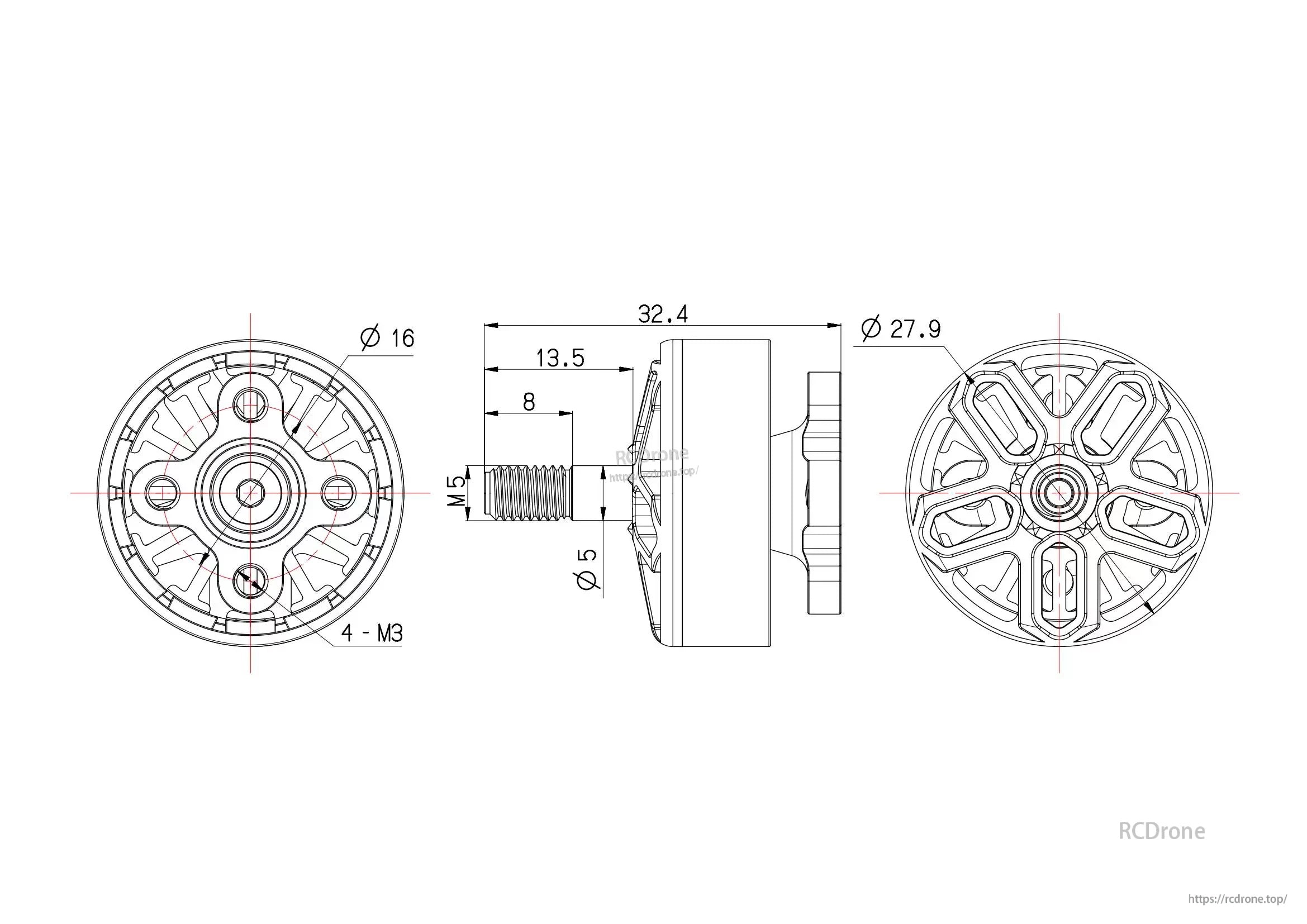 OddityRC Wing 2306 1966KV motor dimension drawing with 27.9 mm OD, M5 shaft, and 4×M3 mount holes