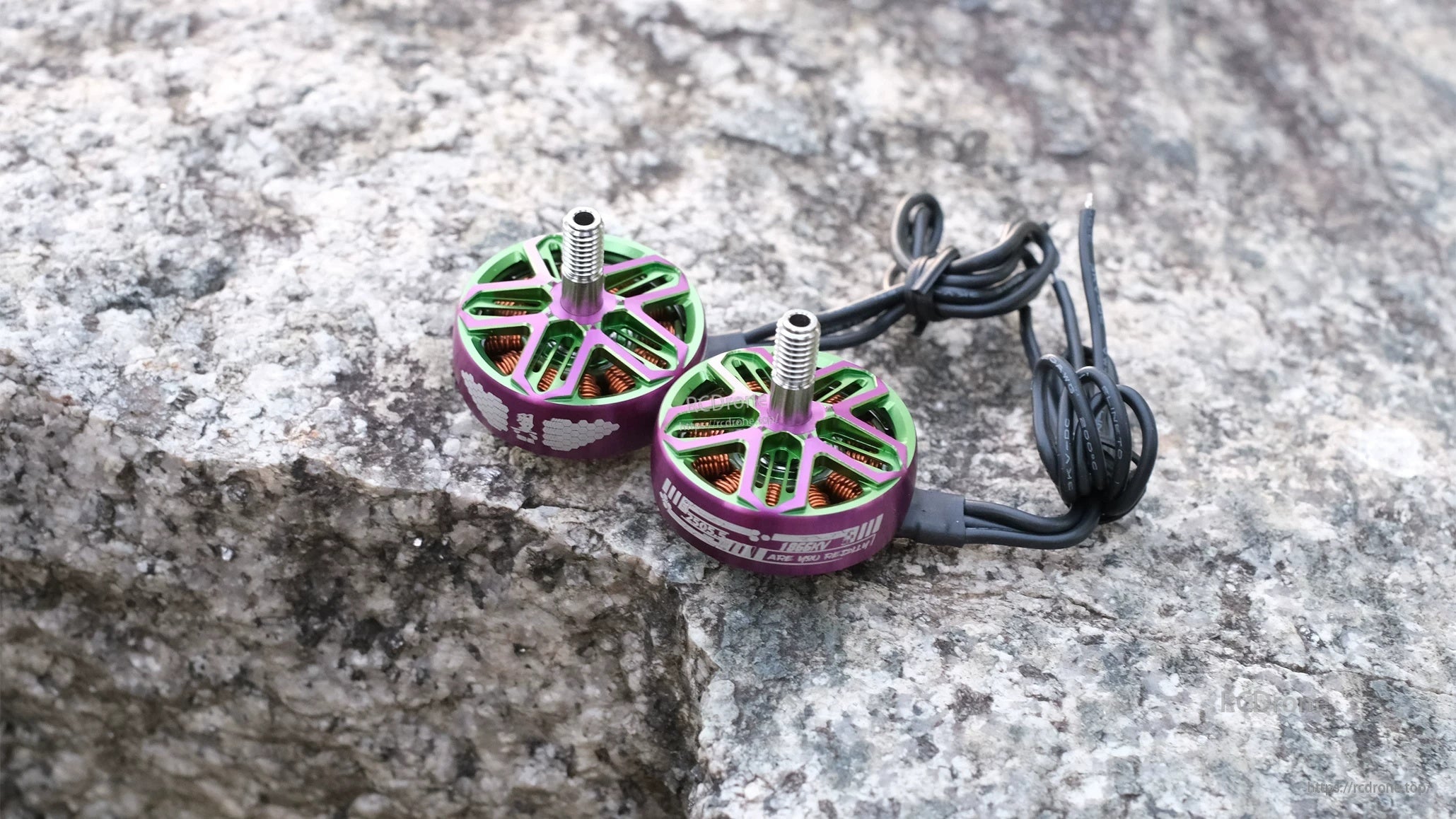 Top view of two 2505.5 motors on stone, showing open green spoke design, 5 mm shafts, and motor lead length