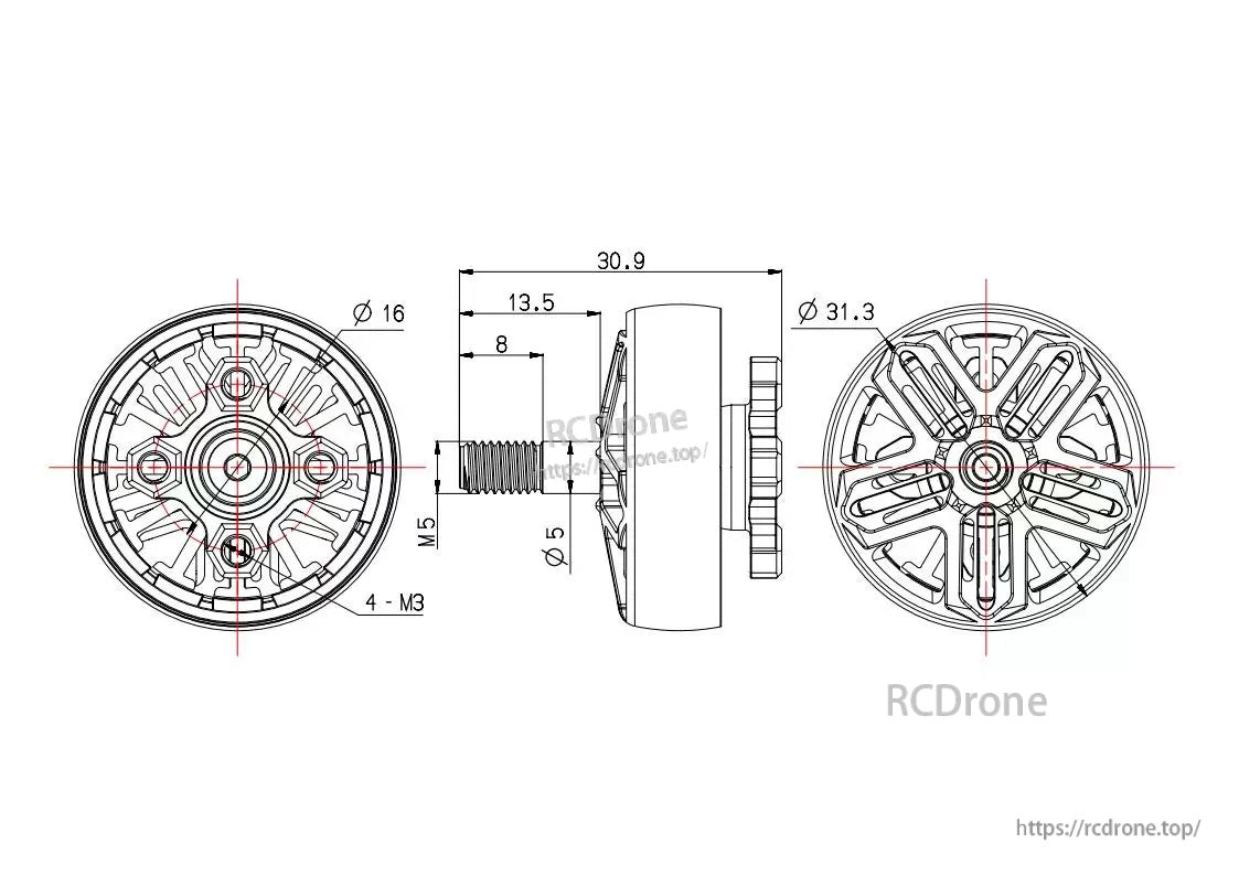 OddityRC Wing 2505.5 motor dimension drawing with 31.3 mm diameter, 30.9 mm height, and 16 mm M3 mount pattern
