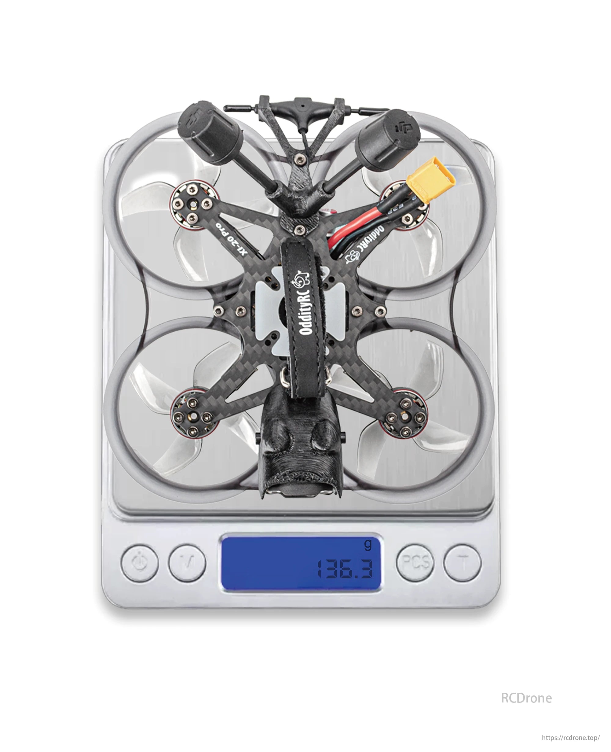 OddityRC XI20 Pro Cinewhoop, Specs for XI20 Pro HD drone include Frame, Flight Controller, VTX, Receiver, Motor, Propeller, and Battery recommendations.