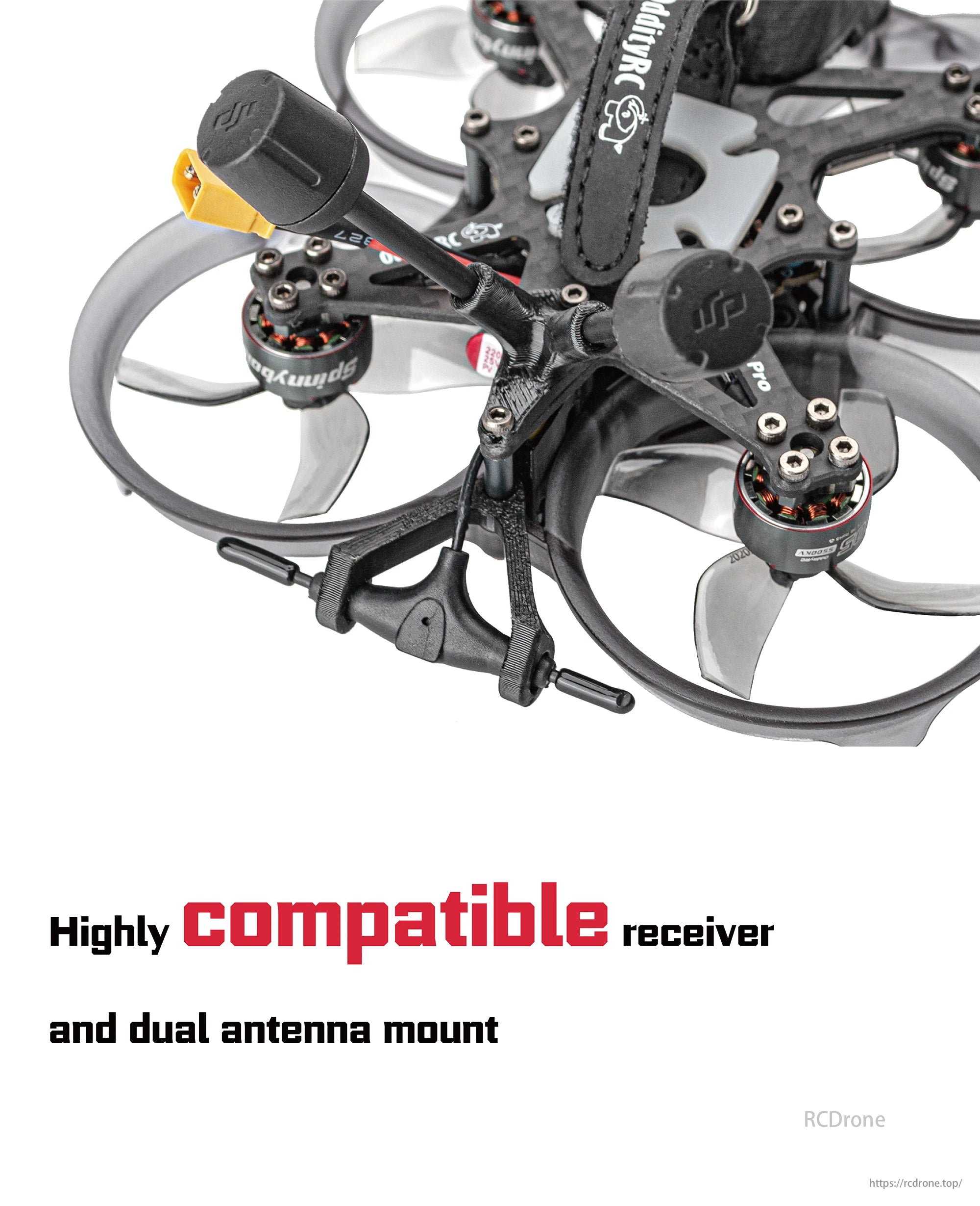 OddityRC XI20 Pro Cinewhoop features a versatile receiver and dual antenna mount for enhanced compatibility and performance.