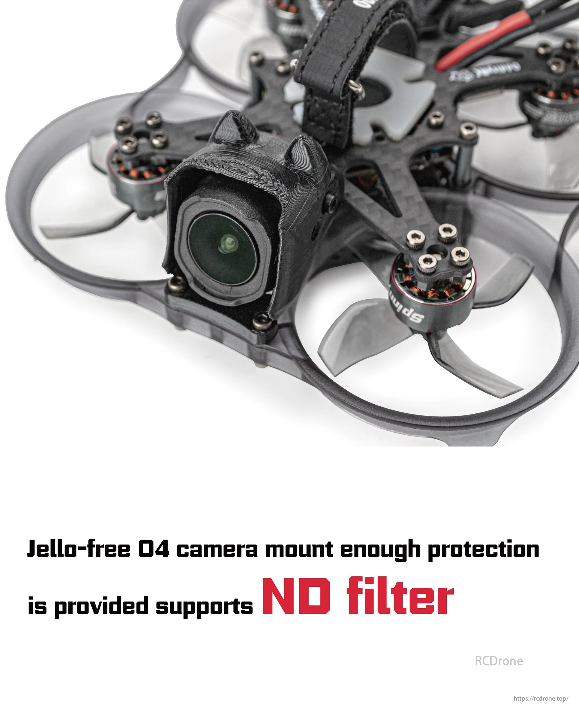 The OddityRC XI20 Pro Cinewhoop camera mount provides decent protection and supports an ND filter for improved photography.