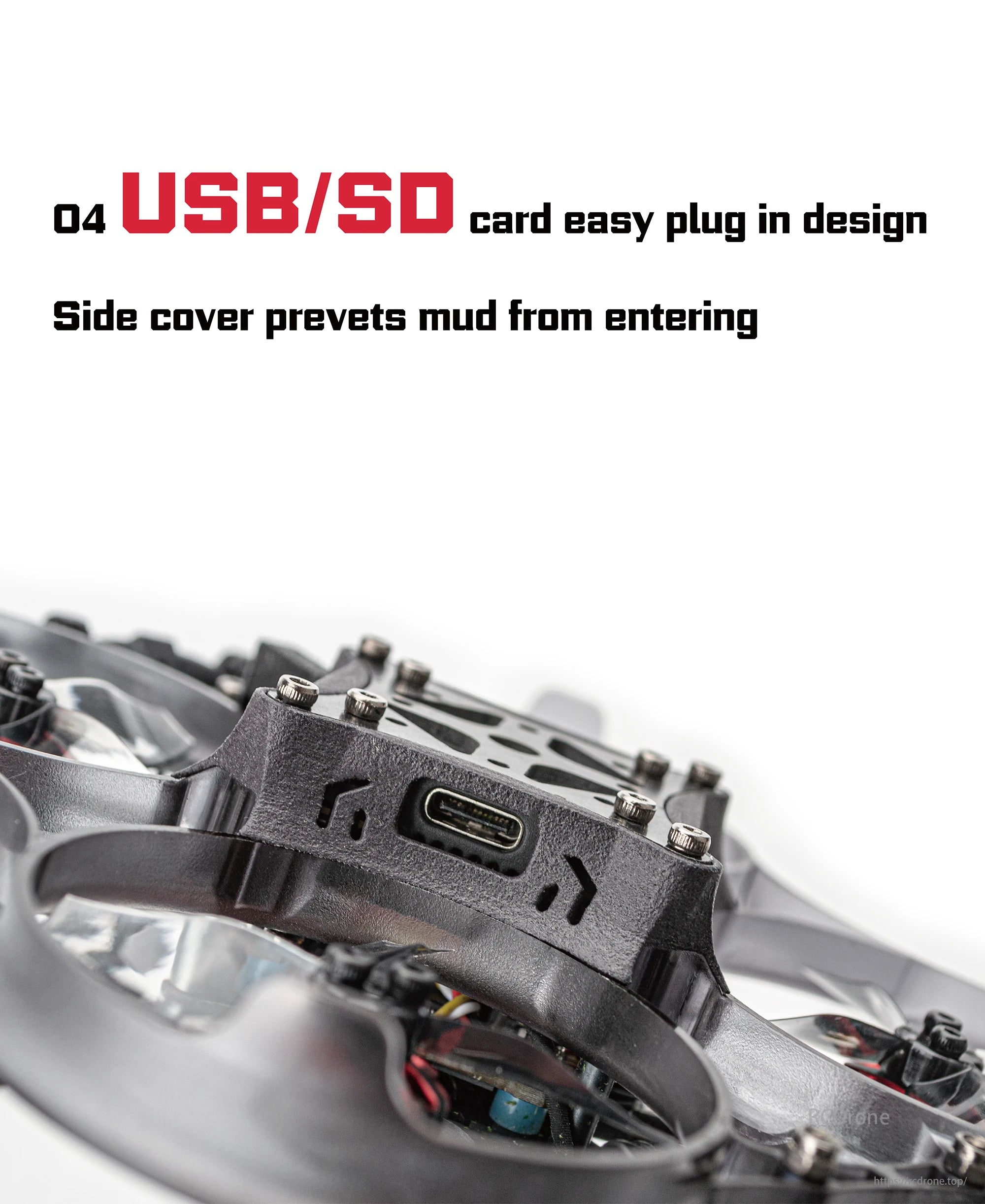 OddityRC XI20 Pro Cinewhoop features USB/SD card slots and a side cover to prevent mud ingress.