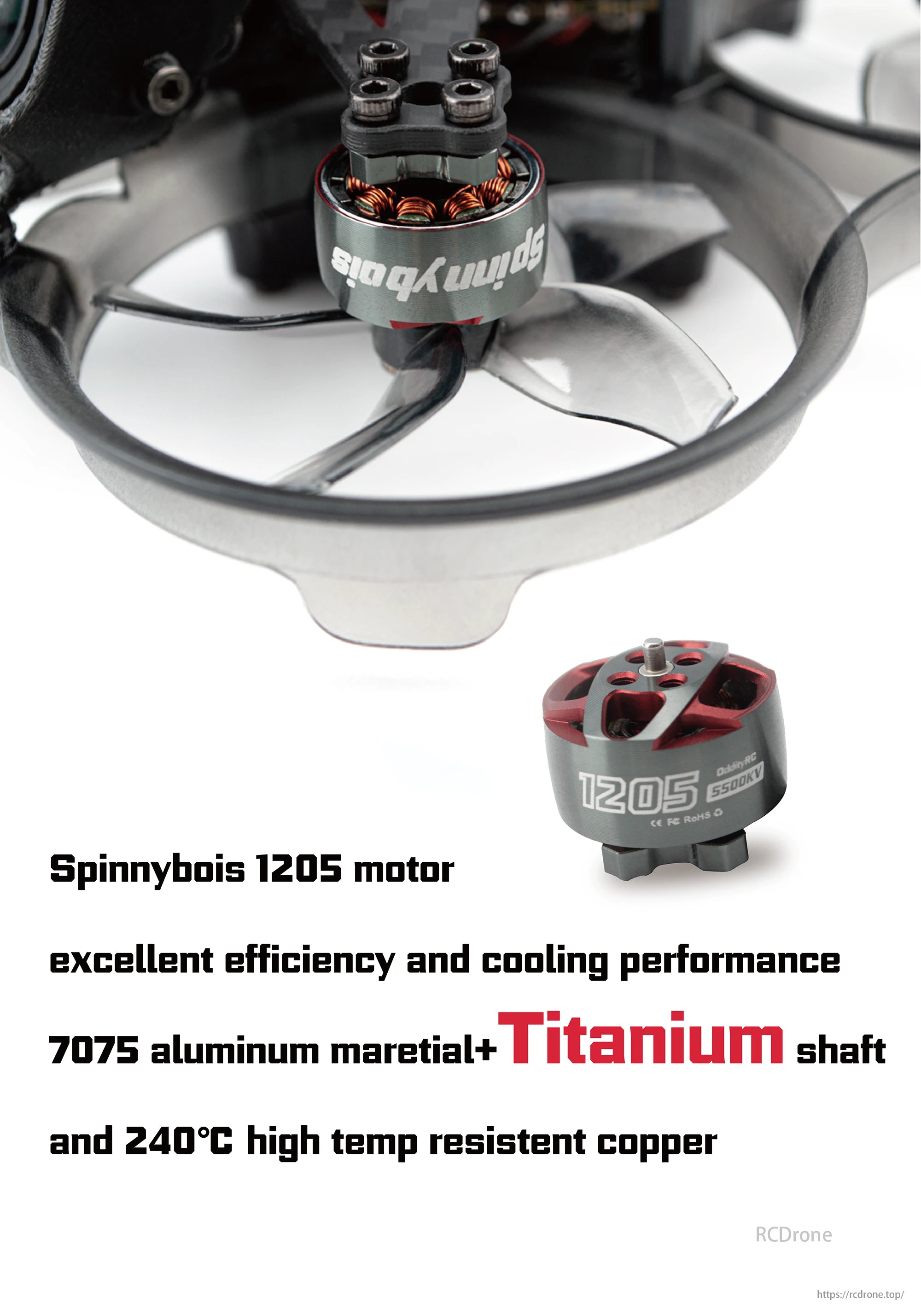 OddityRC XI20 Pro Cinewhoop, Spinnybois 1205 motor features excellent efficiency, cooling, 7075 aluminum, titanium shaft, and 240°C heat-resistant copper.