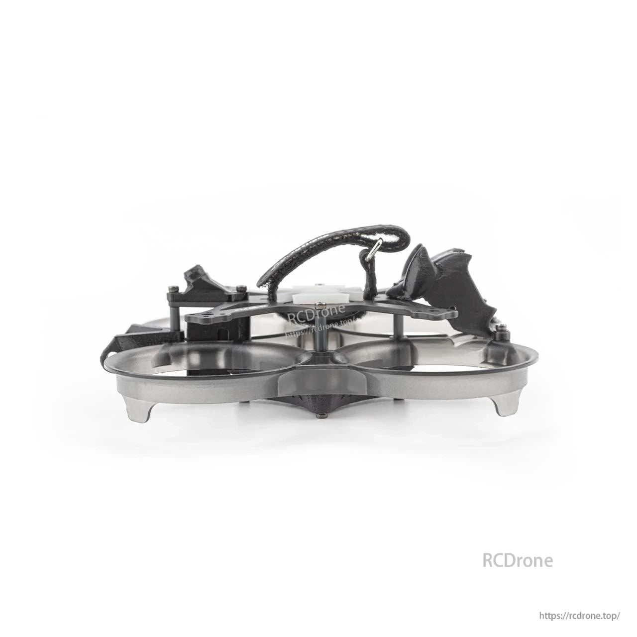 Side profile of ducted cinewhoop frame showing stacked plate height, standoffs, and top strap mount
