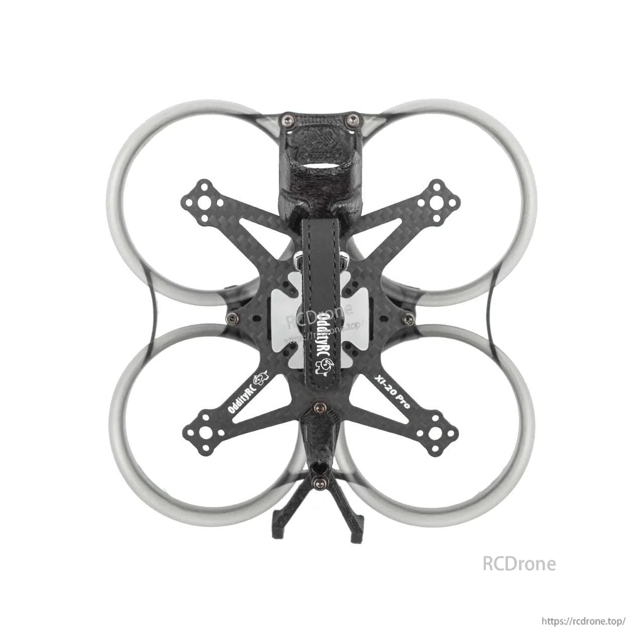 Top-down view of OddityRC XI20 Pro frame with four prop ducts, camera mount, and carbon fiber X plate