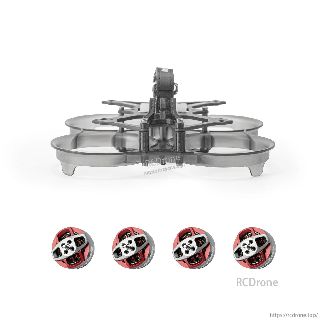 Front view of ducted frame with camera cage opening; four red motors shown below for reference