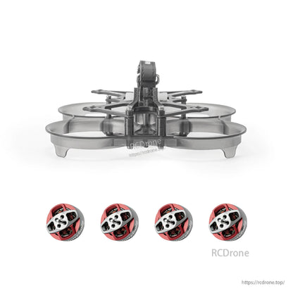 Front view of ducted frame with camera cage opening; four red motors shown below for reference