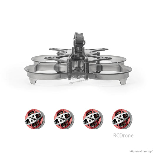 Front view of ducted frame with camera cage opening; four red motors shown below for reference