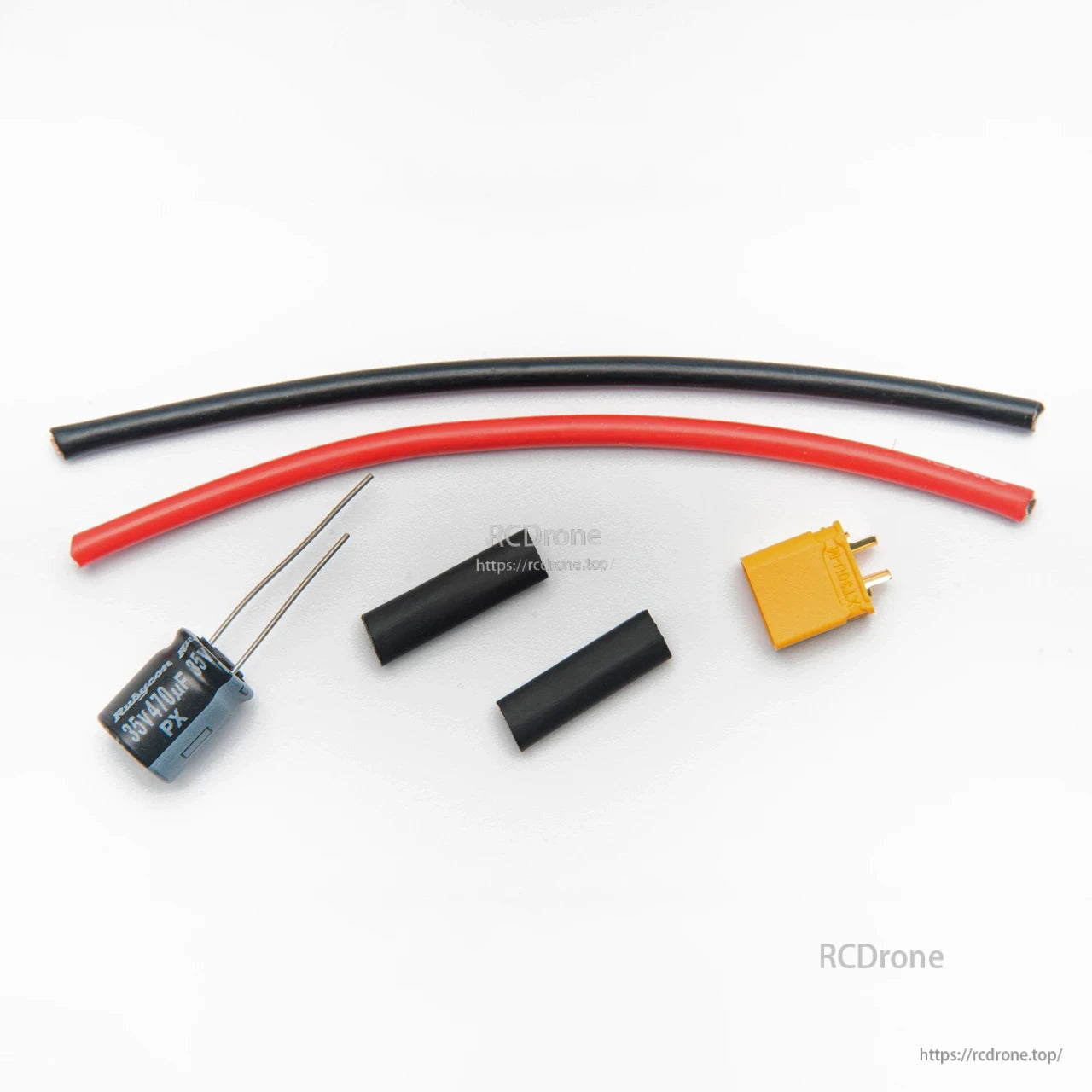 Power wiring kit with red/black silicone wire, capacitor, heat shrink, and yellow connector