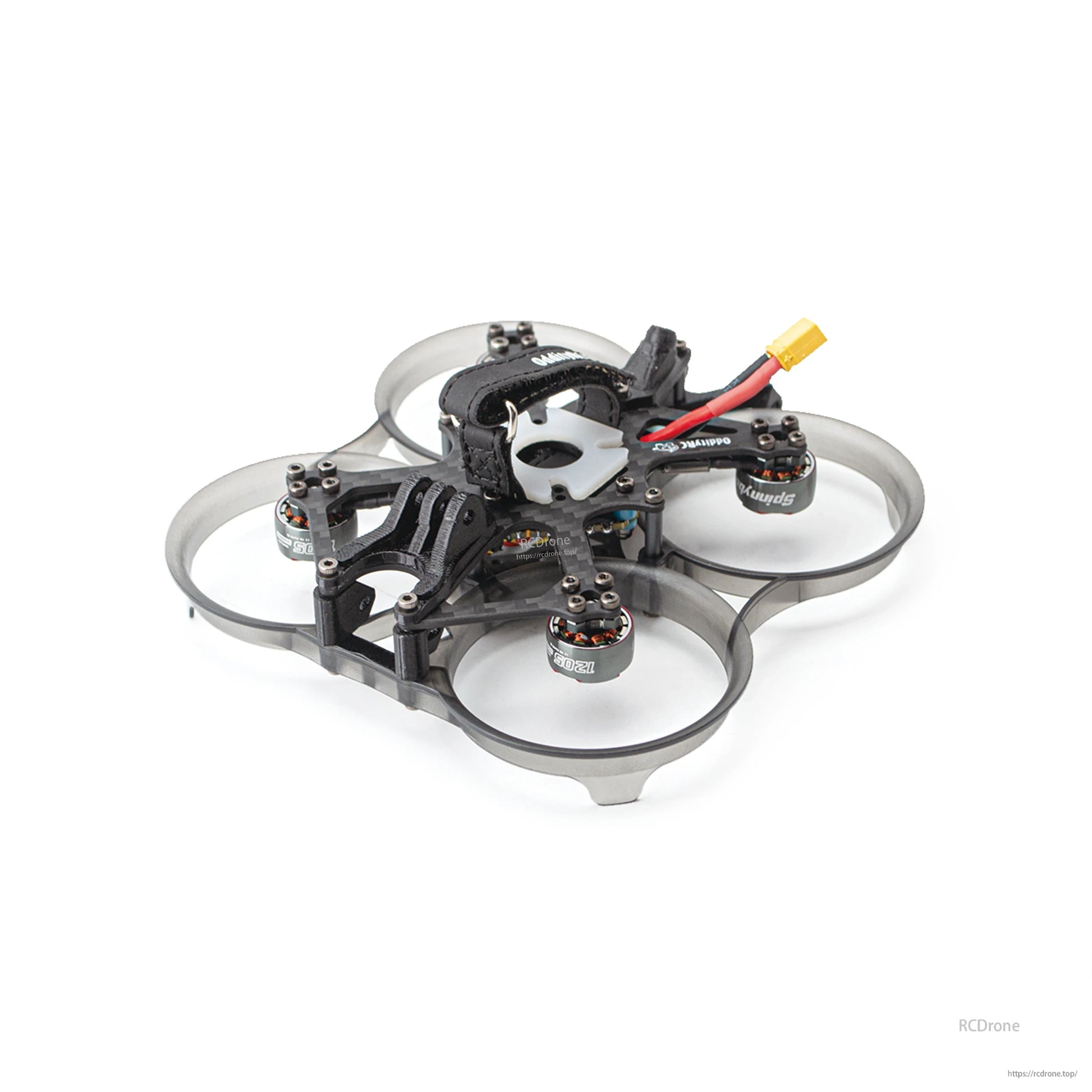 Wide three-quarter view of ducted cinewhoop chassis showing four ducts, motors and XT30 connector