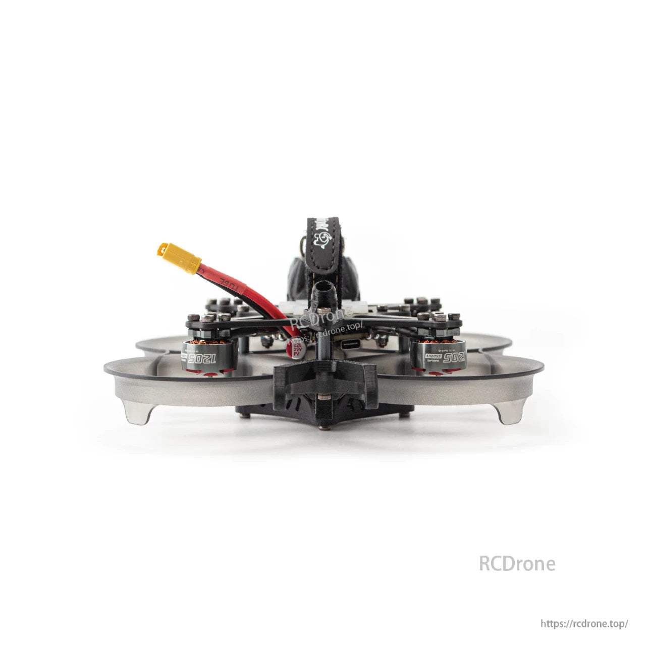 Rear view of cinewhoop frame with battery strap mount and XT30 pigtail routed over top plate