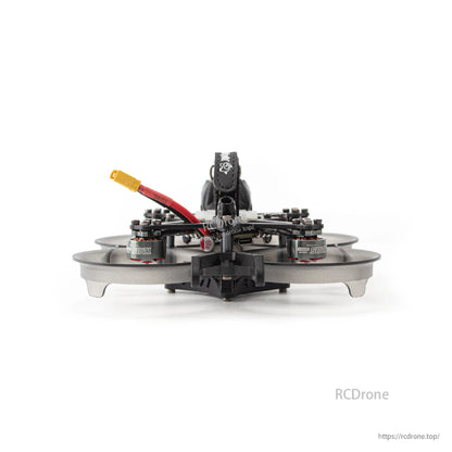 Rear view of cinewhoop frame with battery strap mount and XT30 pigtail routed over top plate