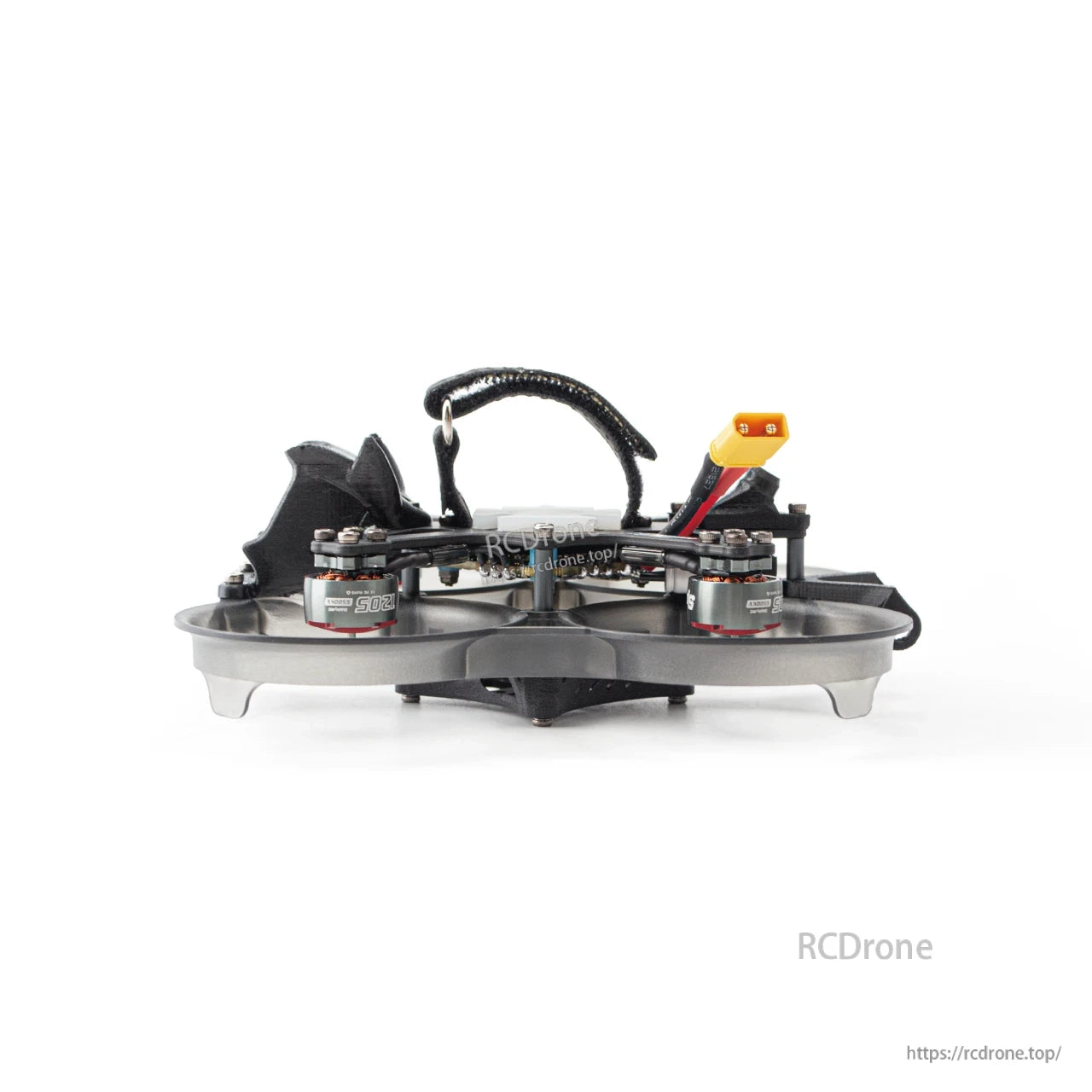 Side profile of ducted 2-inch quad showing stacked frame height, motors and XT30 battery connector