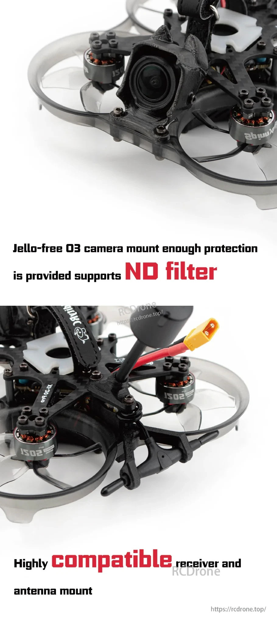 Jello-free DJI O3 camera mount area with ND filter clearance and receiver/antenna mounting points