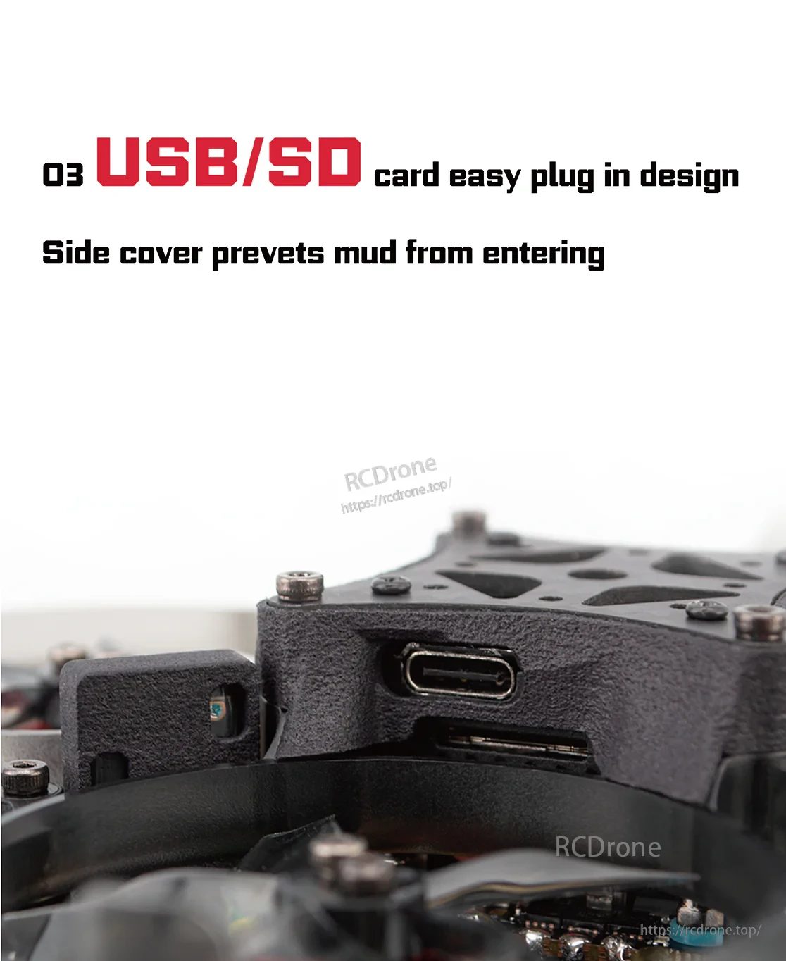 Close-up of frame side cover and USB/SD access cutouts for quick plug-in on DJI O3 builds
