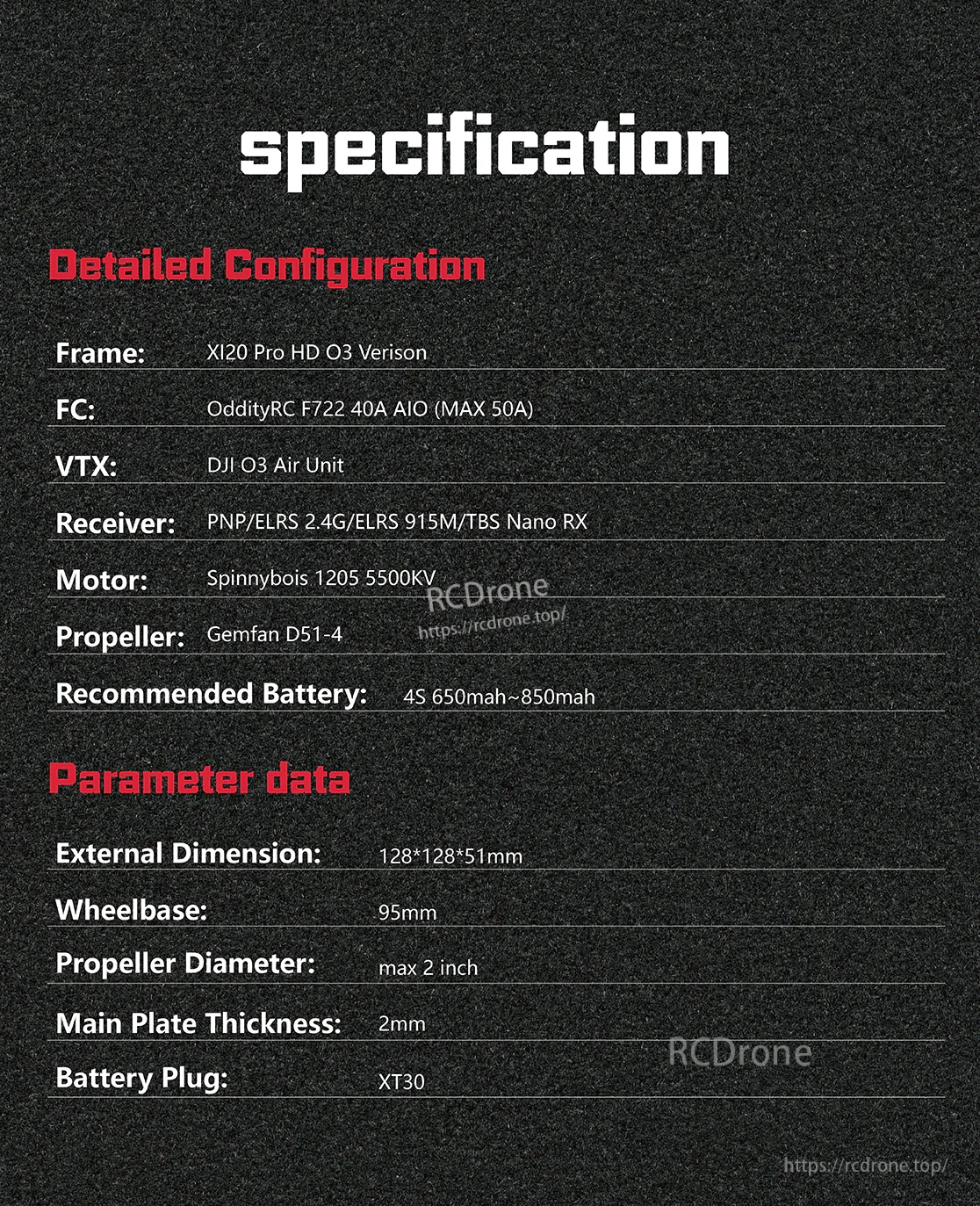 XI20 Pro HD O3 Version specification chart: F722 40A AIO, 1205 motors, Gemfan D51-4 props, XT30